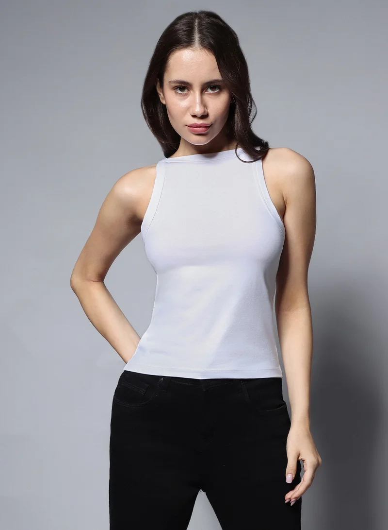 HIGH STAR Sleeveless Solid Round Neck Top for Women