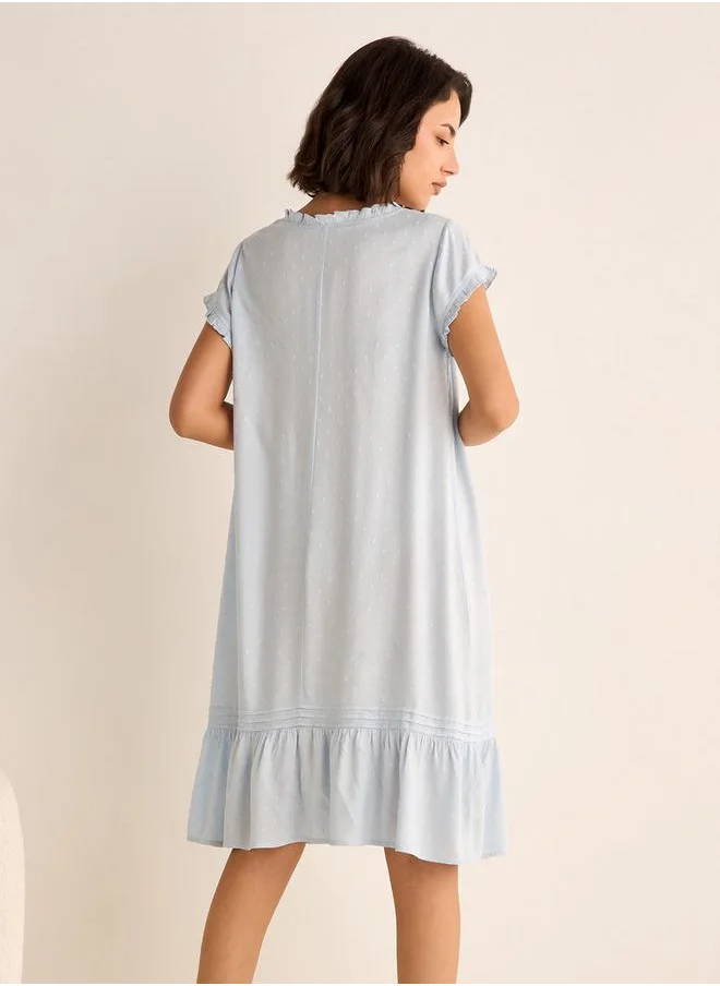 Splash FAV Textured Round Neck Night Dress with Short Sleeves and Pintuck Detail