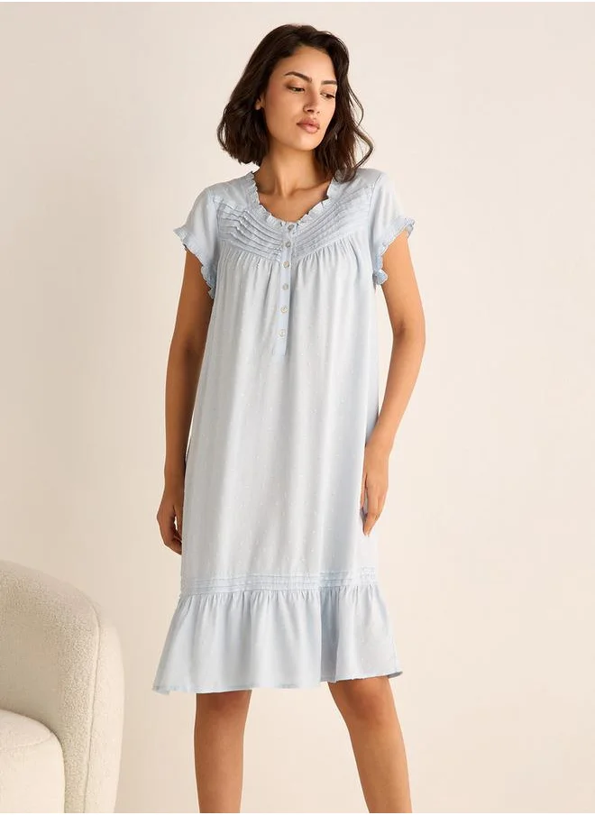 Splash FAV Textured Round Neck Night Dress with Short Sleeves and Pintuck Detail