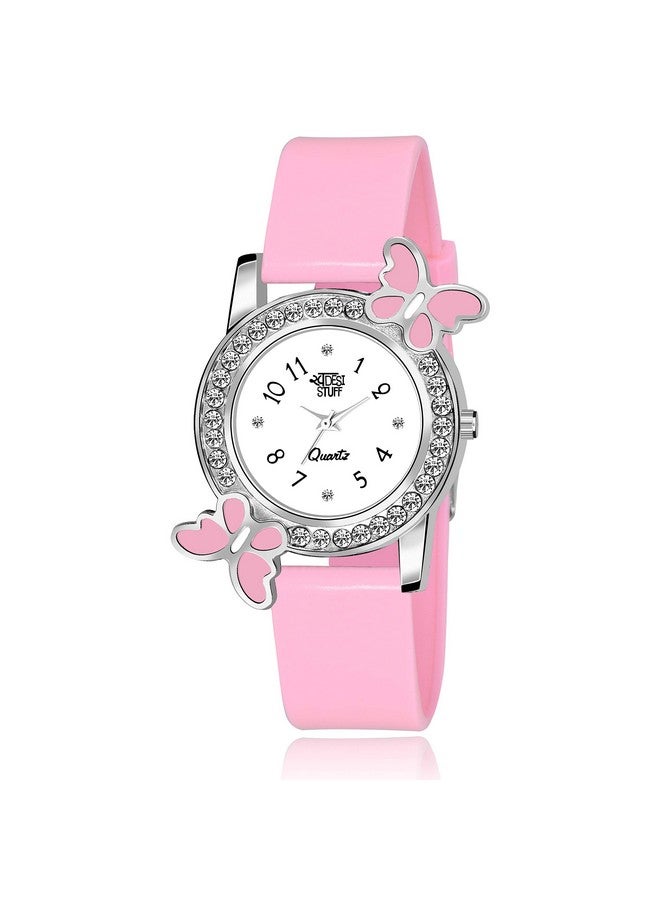 SWADESI STUFF Analog White Dial Diamond Studded Pink Butterfly Plastic Watch for Girls & Women - Image 1