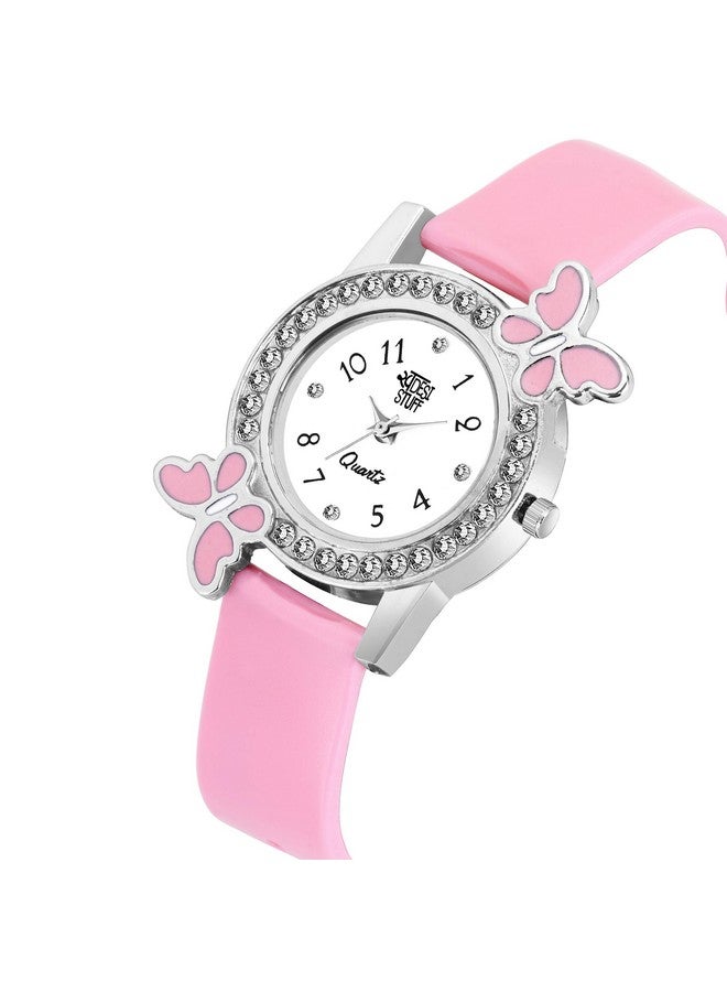 SWADESI STUFF Analog White Dial Diamond Studded Pink Butterfly Plastic Watch for Girls & Women - Image 2