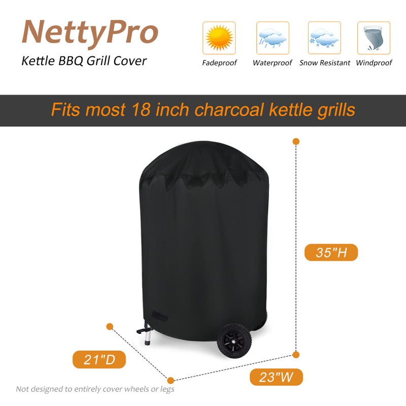 NettyPro Charcoal Kettle Grill Cover 18 inch for Weber, Heavy Duty Waterproof Outdoor Round Smoker Cover, Fade and UV Resistant Small BBQ Grill Cover, 23" W x 21" D x 35" H, Black - Image 5