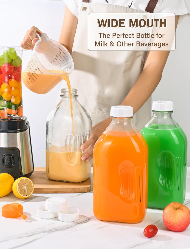 KMIGRUAN 64oz Heavy Duty Glass Milk Bottle with Handle and Airtight Reusable Lids,3Pack Glass Milk Container for Refrigerator,Juice Jugs With 2 Exact Scale Lines - Image 2
