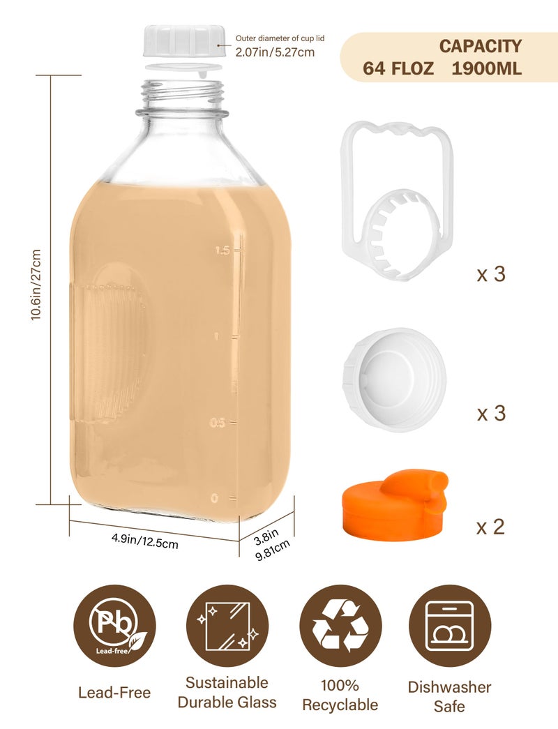 KMIGRUAN 64oz Heavy Duty Glass Milk Bottle with Handle and Airtight Reusable Lids,3Pack Glass Milk Container for Refrigerator,Juice Jugs With 2 Exact Scale Lines - Image 3
