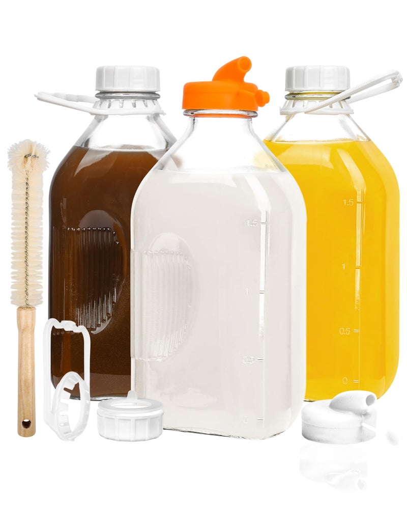 KMIGRUAN 64oz Heavy Duty Glass Milk Bottle with Handle and Airtight Reusable Lids,3Pack Glass Milk Container for Refrigerator,Juice Jugs With 2 Exact Scale Lines - Image 1