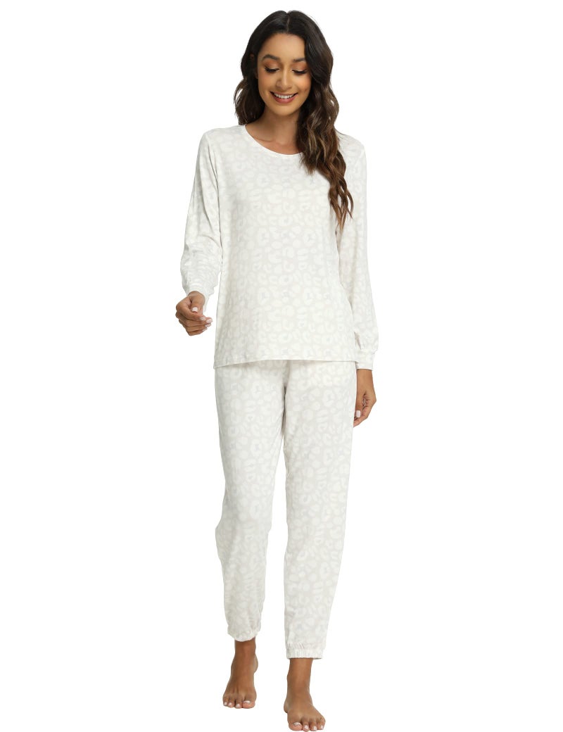 GYS Womens Pajamas Set - Viscose Made from Bamboo, Long Sleeve Sleepwear Tops with Jogger Pants Lounge Pjs Sets, Oat Leopard, X-Large - Image 3