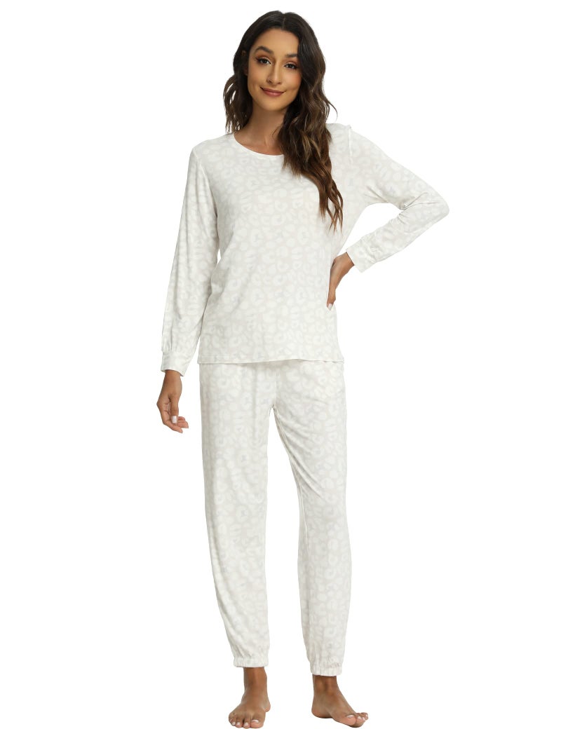 GYS Womens Pajamas Set - Viscose Made from Bamboo, Long Sleeve Sleepwear Tops with Jogger Pants Lounge Pjs Sets, Oat Leopard, X-Large - Image 4