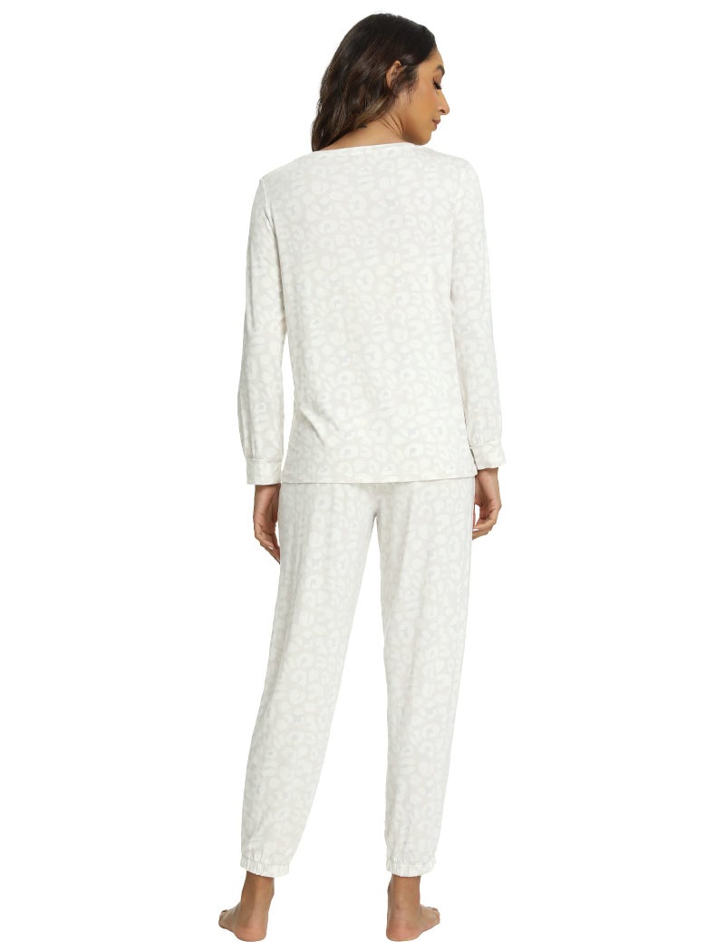 GYS Womens Pajamas Set - Viscose Made from Bamboo, Long Sleeve Sleepwear Tops with Jogger Pants Lounge Pjs Sets, Oat Leopard, X-Large - Image 2
