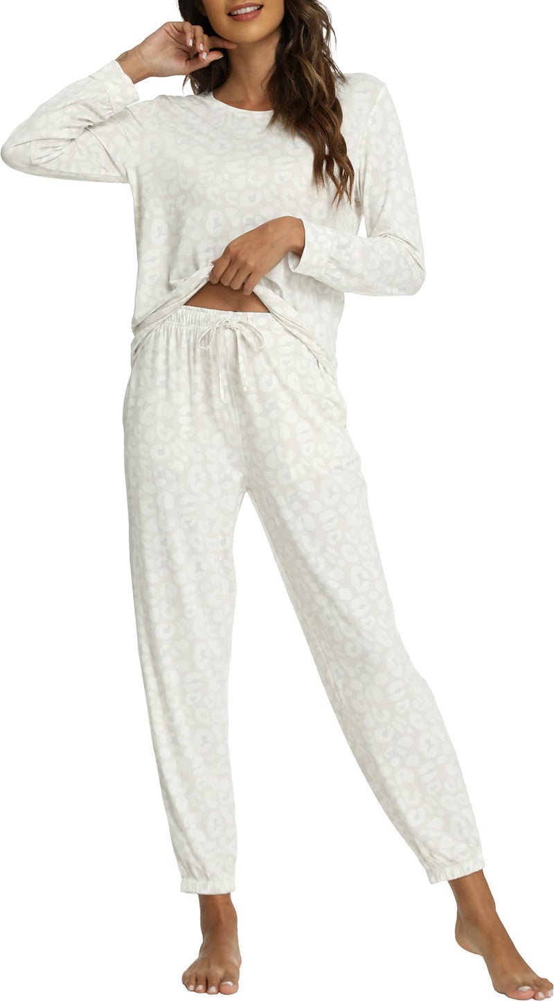 GYS Womens Pajamas Set - Viscose Made from Bamboo, Long Sleeve Sleepwear Tops with Jogger Pants Lounge Pjs Sets, Oat Leopard, X-Large - Image 1