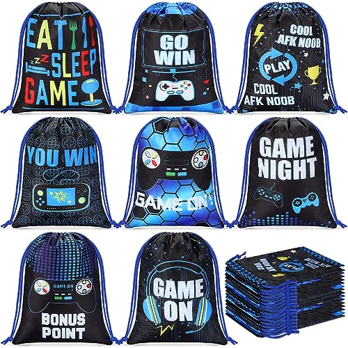 Faccito 16 Pieces Video Game Party Favors Bags 7 x 98 Inch Gaming Party Drawstring Bags Bulk Game Theme Goodie Candy Treat Gift for Boys Girls Birthday Supplies 8 StylesBlue - Image 1