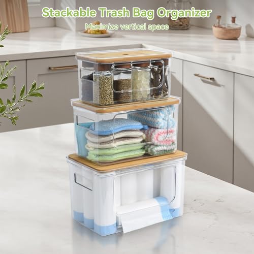 OTraki 3 Pack Trash Bag Holder Dispenser with Lid Plastic Garbage Bag Dispenser Stackable & Wall-mounted, Trash Bags Organizer Under Sink for Kitchen, Pantry Cabinet Organizer and Storage - Image 4