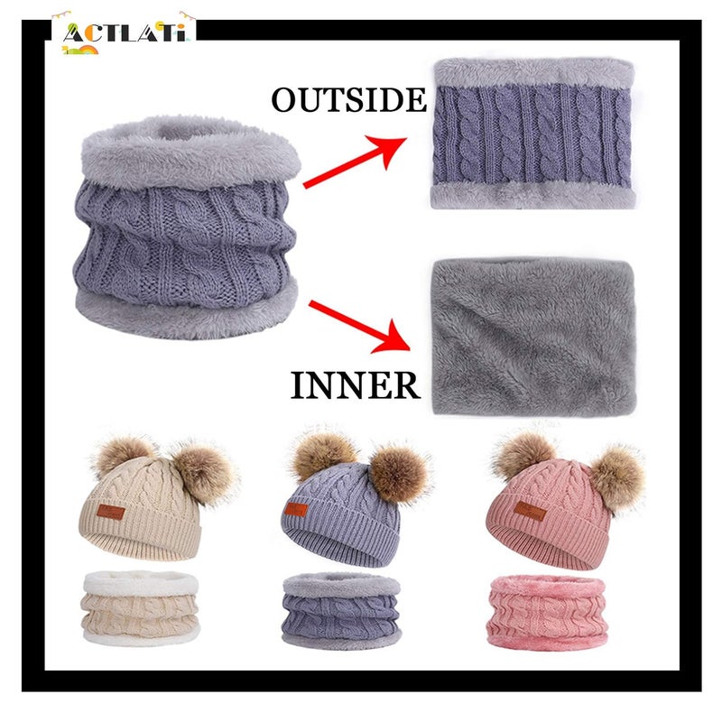 ACTLATI Kids Winter Hat & Scarf Set Knitted Hat Neck Warmer with Removable Pom Pom for 1-4 Years Children Boys & Girls - Image 2