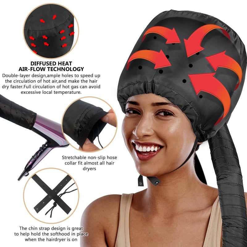 WOBEVB Bonnet Hood Hair Dryer Attachment - Hair Dryer Bonnet with Elastic Strap, Used for Hair Styling, Deep Conditioning and Hair Drying (Black) - Image 2