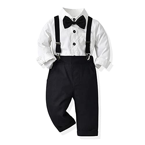 IMEKIS Toddler Baptism Outfit for Boy Baby Dedication Christening Outfit Dress Shirt Bowtie Suspenders Pants Infant Wedding Tuxedo Gentleman Christmas Matching Family Easter Outfit Black White 34T - Image 1