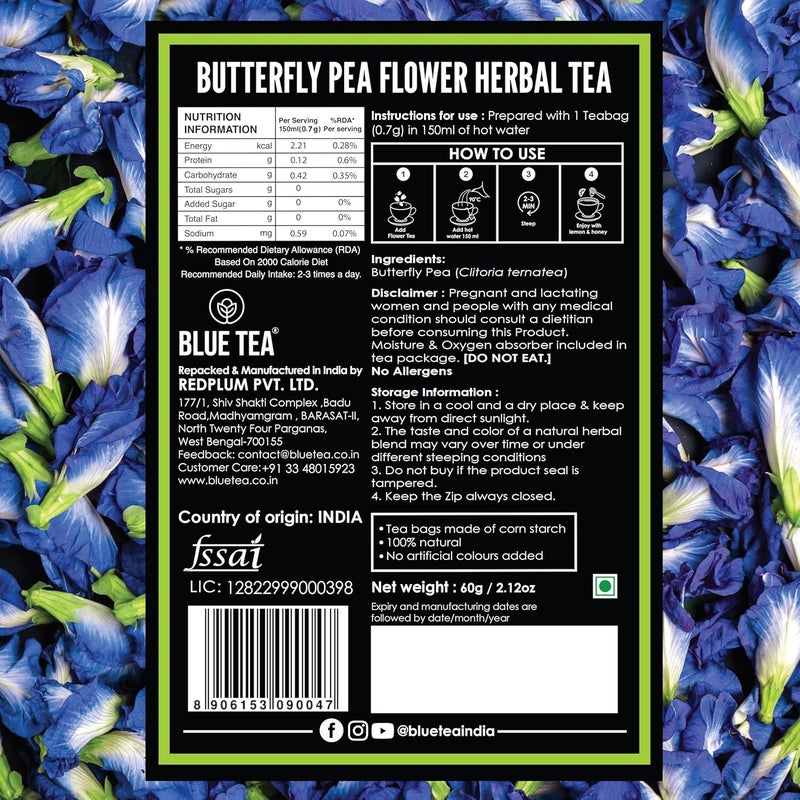 BLUE TEA Butterfly Pea Flower Tea - 60g - Herbal Detox Tea - Caffeine Free - Antioxidant Rich - Loose Leaf - 150+ Cups - Image 3