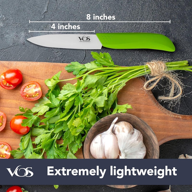 Vos Ceramic Paring Knife - 4 Inch Zirconia Blade With Sheath Cover - Handle Fruit and Vegetables Kitchen Knife (Green) - Image 1