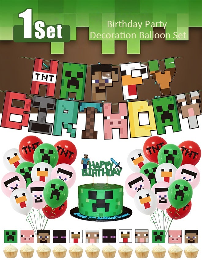 MINECRAFT Birthday party decorations, party supplies set including balloons, banners, cake cupcake toppers, for Pixel themed parties - Image 1