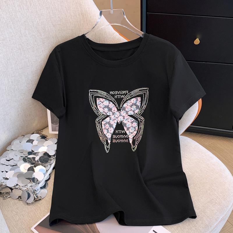 Women'S Summer Loose Design Rhinestone Personality Short-Sleeve T-Shirt With A Trendy Style - Image 2