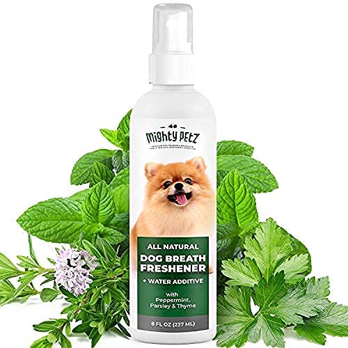 Mighty Petz 2in1 Dog Breath Freshener Spray Water Additive 8 oz Large Natural Ingredients Dog Dental Care That Helps Avoid Bad Breath Plaque Tartar Dog Teeth Cleaning Fresh Breath with No Brushing - Image 1