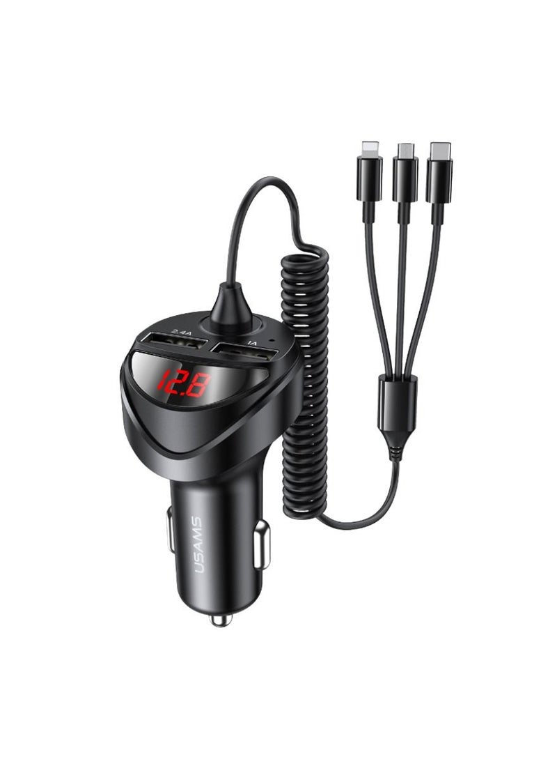 Usams - Dual USB Car Charger With 3IN1 Spring Cable - Image 1