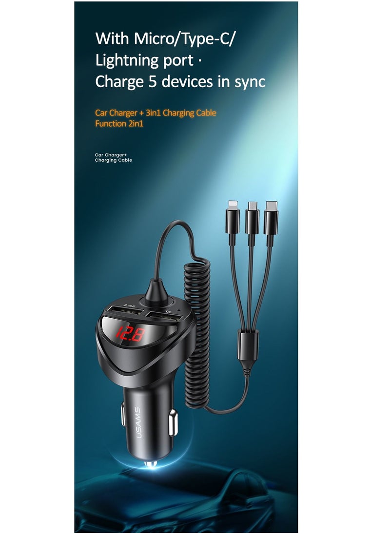 Usams - Dual USB Car Charger With 3IN1 Spring Cable - Image 1