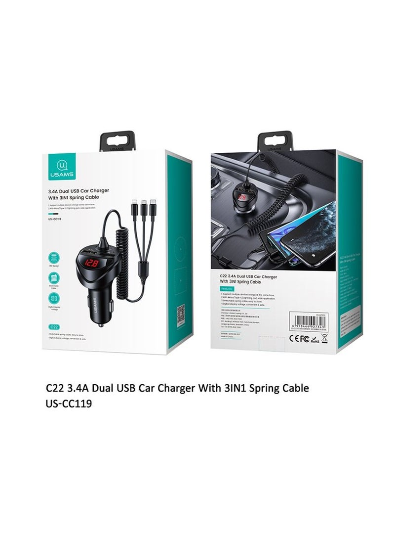 Usams - Dual USB Car Charger With 3IN1 Spring Cable - Image 1