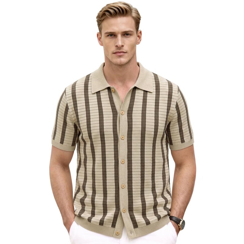 Men's Striped Knit Polo Shirt - Image 1