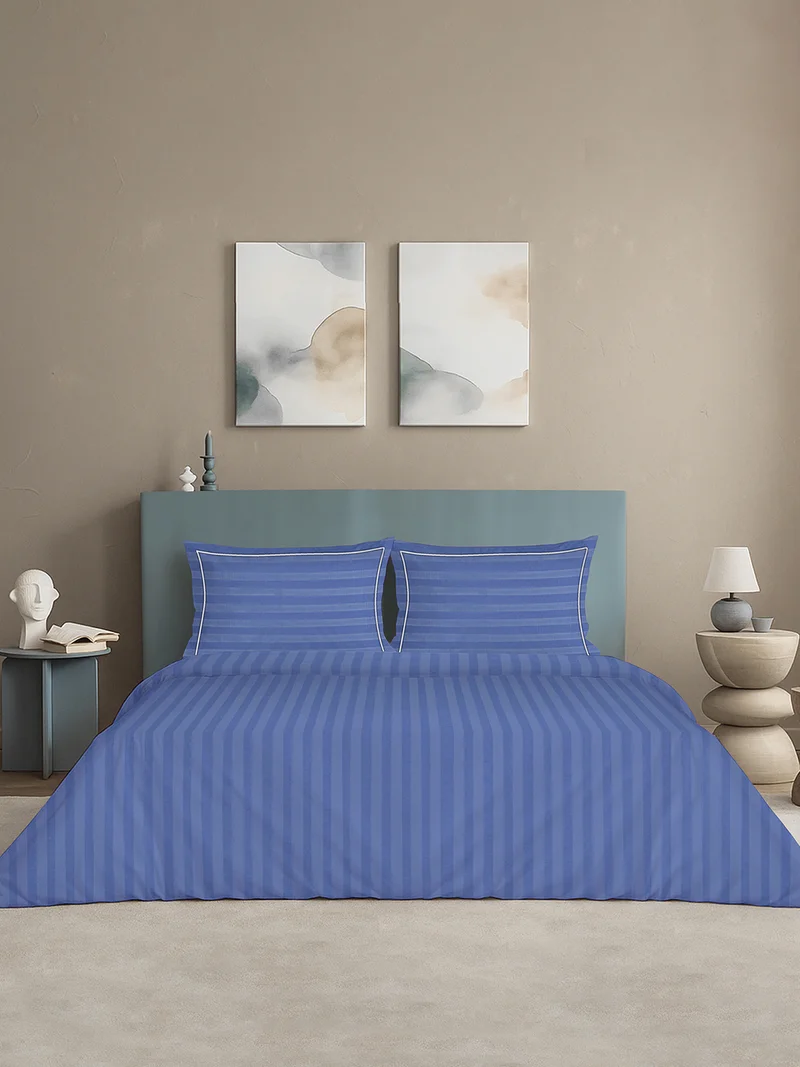 مالبيري ليفينج 100% Cotton King Duvet Cover - 300 TC Elysian Stripes(2cm). Width 260 x Length 240cms - Mediterranean Blue