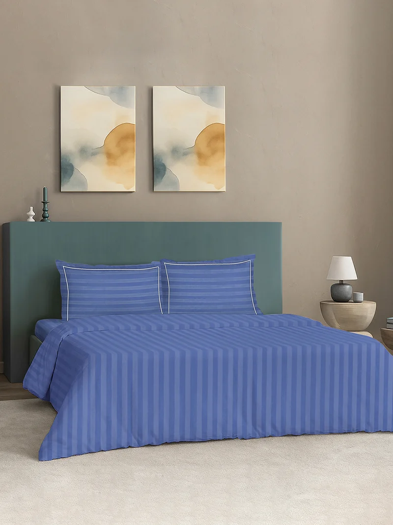 مالبيري ليفينج 100% Cotton King Duvet Cover - 300 TC Elysian Stripes(2cm). Width 260 x Length 240cms - Mediterranean Blue