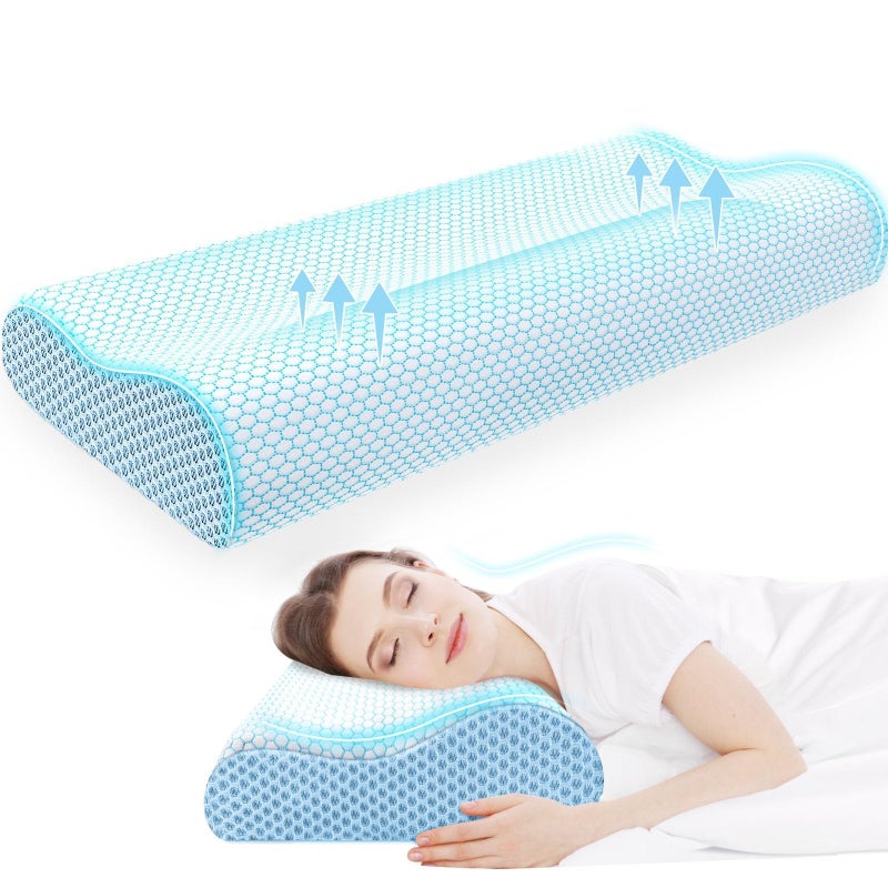 CloudBliss Memory Foam Pillow Ergonomic Neck Contour Cervical Pillow for Back and Shoulder Pain Orthopedic Pillow for Neck Pain Relief for Sleeping Side Back Stomach Sleepers Blue King
