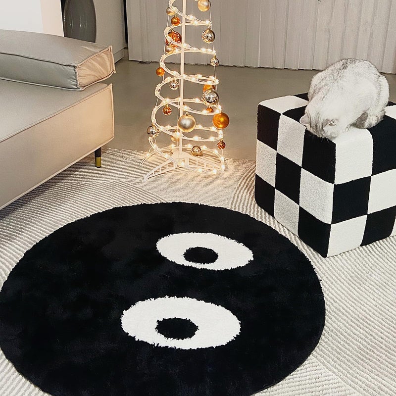 LEVINIS Funny Round Rug, Black and White Area Rugs Cute Eyes Bedroom Bedside Rug Shaggy Non-Slip Flocking Accent Floor Rug for Living Room, Kids Room, Office, Home DÃ©cor Rug 40" - Image 3