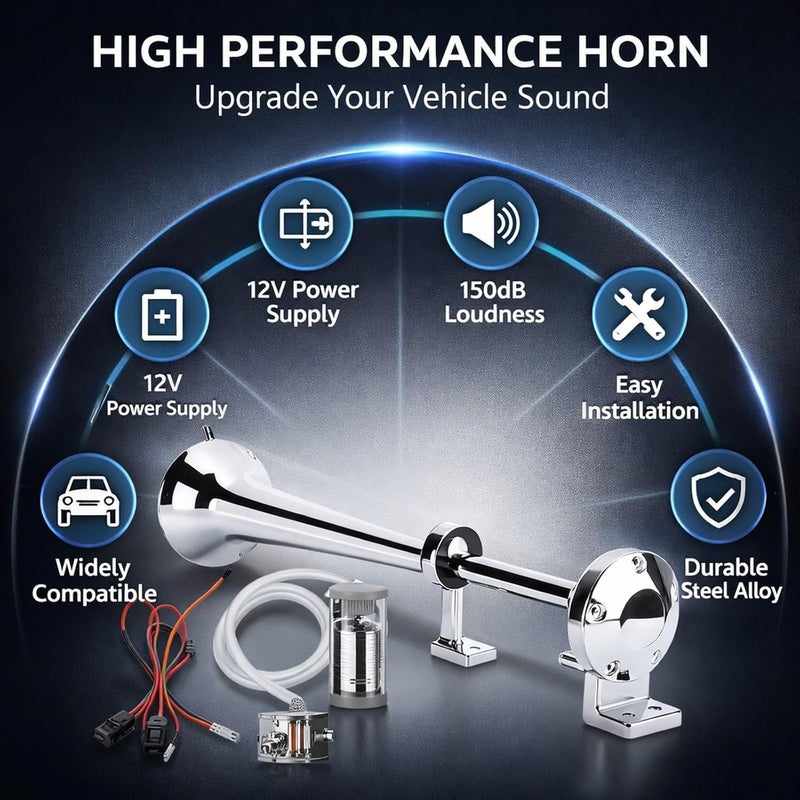 12V Single Trumpet Air Horn Steel Alloy, 150dB Loud Compressor for Truck Motorcycle Train - Weather, Easy Installation, Universal Fit - Image 3