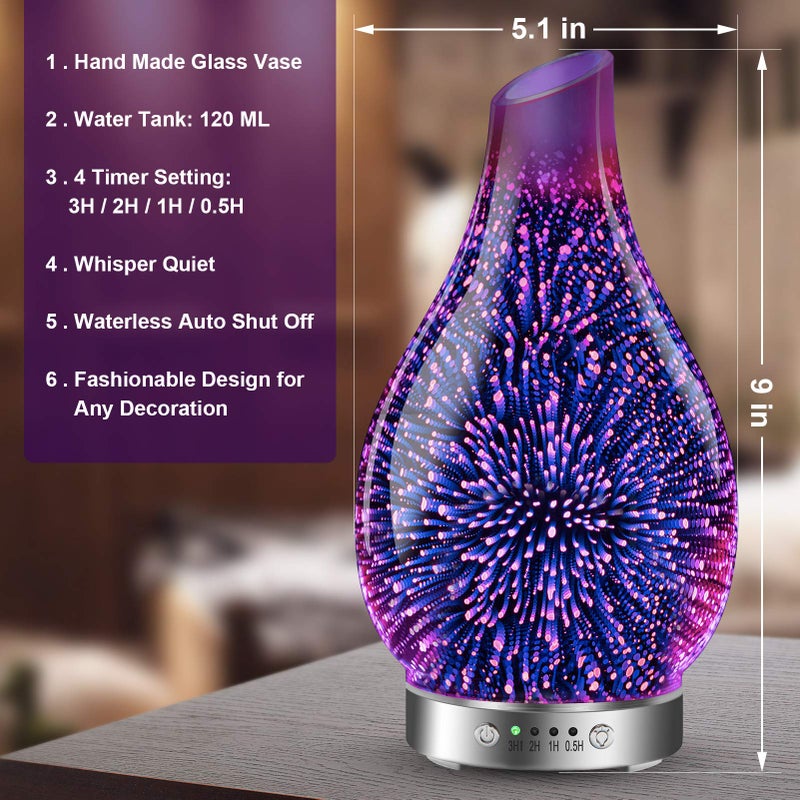 MAXWINER Essential Oil Diffusers Ultrasonic 3D Glass Aromatherapy Diffuser, Auto Shut-Off, Timer Setting, 7 Colors LED Lights Changing for Home, Office, Spa 120ml - Image 3