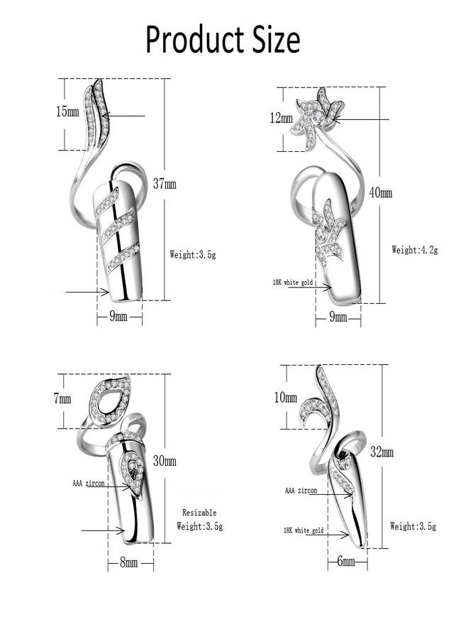 Elandy مجموعة خواتم أظافر 4 قطع مع أحجار الراين خواتم طرف الأصابع خواتم مفتوحة زينة أظافر حماية الأظافر هدية فن الأظافر إكسسوارات (فضي) - Image 2