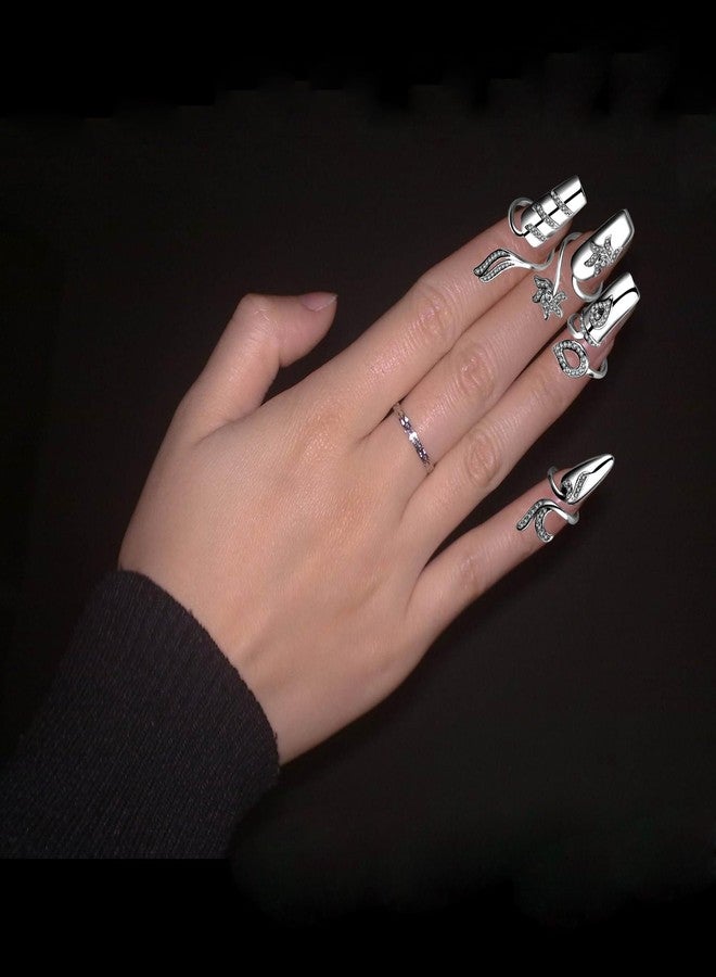 Elandy مجموعة خواتم أظافر 4 قطع مع أحجار الراين خواتم طرف الأصابع خواتم مفتوحة زينة أظافر حماية الأظافر هدية فن الأظافر إكسسوارات (فضي) - Image 4