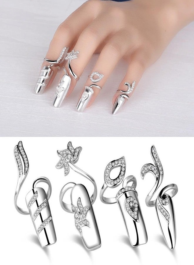 Elandy مجموعة خواتم أظافر 4 قطع مع أحجار الراين خواتم طرف الأصابع خواتم مفتوحة زينة أظافر حماية الأظافر هدية فن الأظافر إكسسوارات (فضي) - Image 1