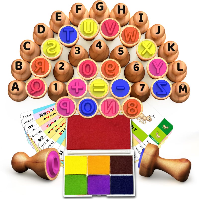 UdoUto Wooden Alphabet Number Stampers Set with 7Color Ink Pad ABCs 123s Learning Stamps Flashcards Preschool Homeschool Classroom Supplies Gift for Ages 3 - Image 3