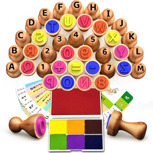 UdoUto Wooden Alphabet Number Stampers Set with 7Color Ink Pad ABCs 123s Learning Stamps Flashcards Preschool Homeschool Classroom Supplies Gift for Ages 3 - Image 1