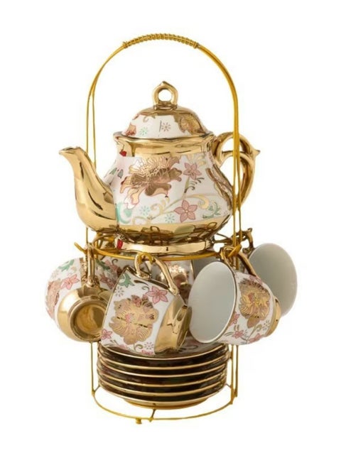 Porcelain Tea Set with Gold Trim, Floral Pattern, 13-Piece Set with Stand, White and Gold European Ceramic tea set for adults,Flower Tea Set,Tea Set For Women With Flower Painting(yellow)
