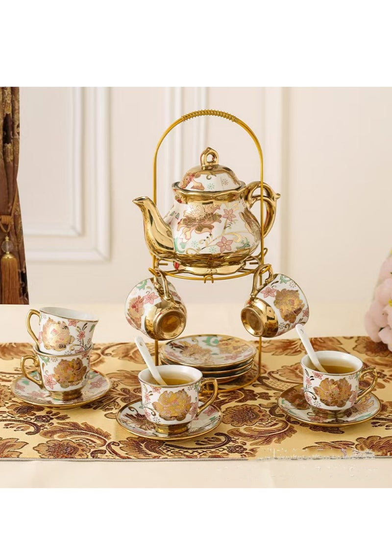 Porcelain Tea Set with Gold Trim, Floral Pattern, 13-Piece Set with Stand, White and Gold European Ceramic tea set for adults,Flower Tea Set,Tea Set For Women With Flower Painting(yellow) - Image 2