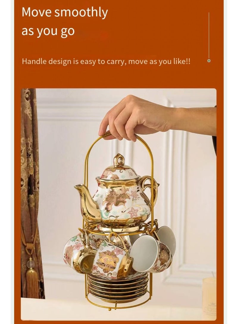 Porcelain Tea Set with Gold Trim, Floral Pattern, 13-Piece Set with Stand, White and Gold European Ceramic tea set for adults,Flower Tea Set,Tea Set For Women With Flower Painting(yellow) - Image 3