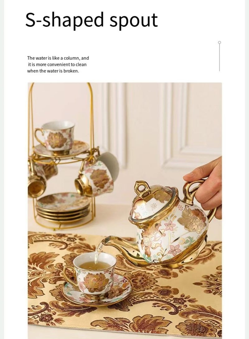 Porcelain Tea Set with Gold Trim, Floral Pattern, 13-Piece Set with Stand, White and Gold European Ceramic tea set for adults,Flower Tea Set,Tea Set For Women With Flower Painting(yellow) - Image 4
