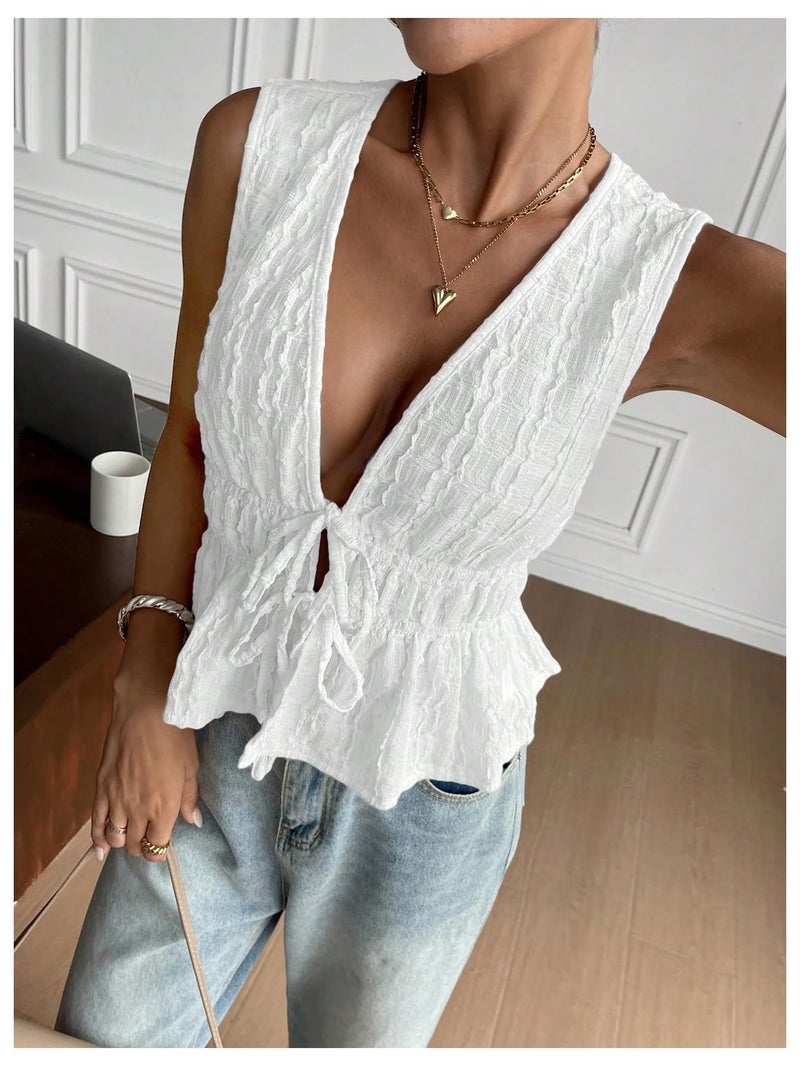 MakeMeChic Women's Tie Front Tank Top Sleeveless Ruffle Hem Crop Going Out Tops White Small - Image 2