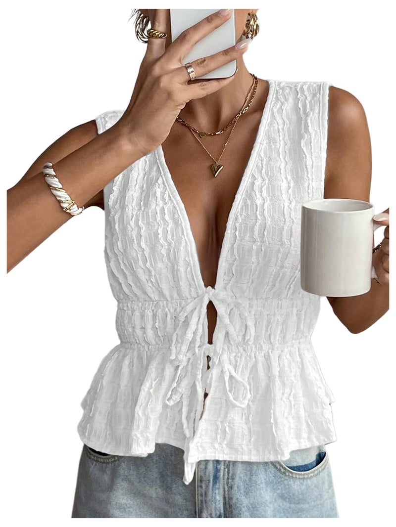 MakeMeChic Women's Tie Front Tank Top Sleeveless Ruffle Hem Crop Going Out Tops White Small - Image 1