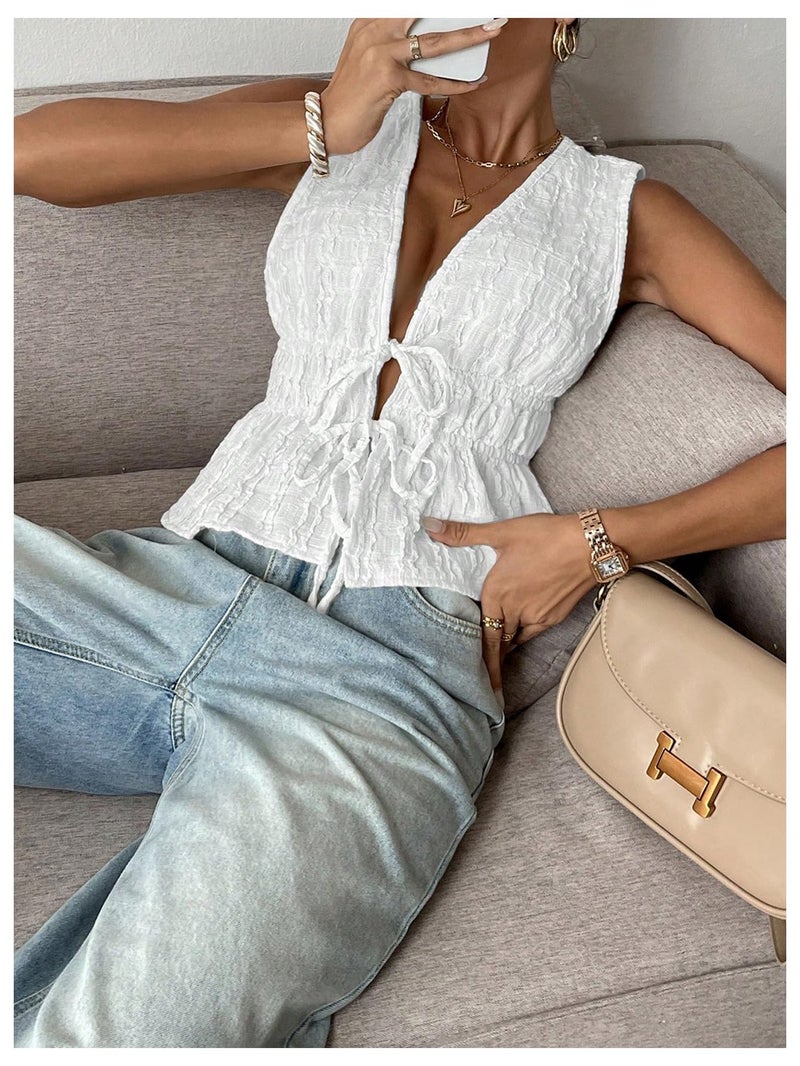 MakeMeChic Women's Tie Front Tank Top Sleeveless Ruffle Hem Crop Going Out Tops White Small - Image 4