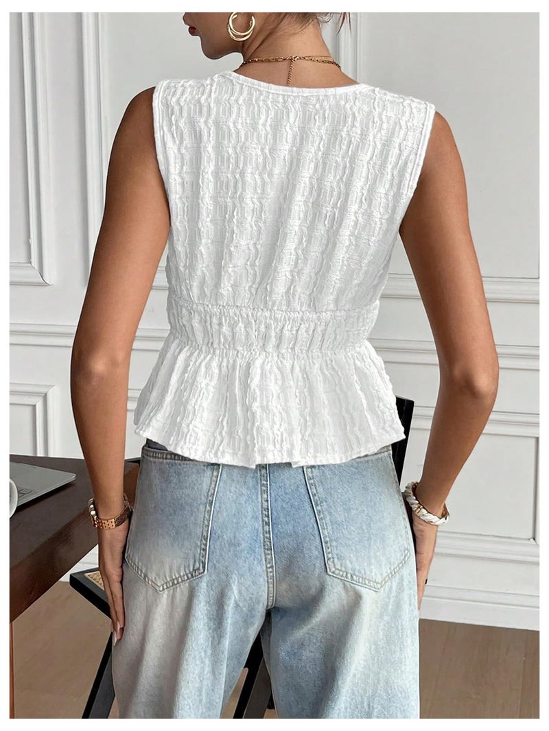 MakeMeChic Women's Tie Front Tank Top Sleeveless Ruffle Hem Crop Going Out Tops White Small - Image 3