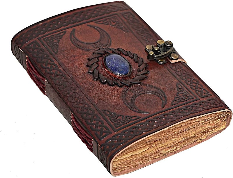 cuero 3 Moon Blue Lapis Embossed Vintage Leather Journal | 240 Pages of Antique Handmade Deckle Edge Vintage Paper, Leather Sketchbook, Drawing Journal, Great Gift (6 inch by 8 inch, brown) - Image 1