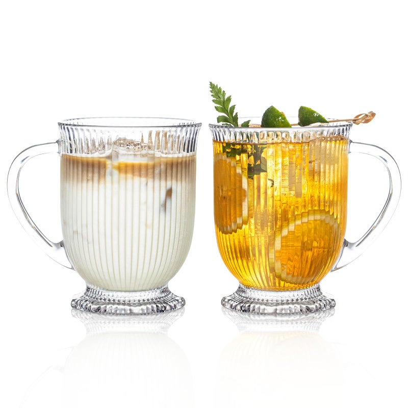 KEMORELA Ribbed Glass Coffee Mug Set, 16oz Clear Glass Mugs with Handle, Bar Accessories, Durable Drinkware for Hot Beverages, Set of 2 Coffee Mugs - Image 1