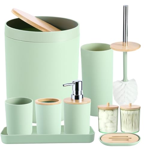 iMucci 9Pcs Pastel Green Bathroom Accessories Set - with Trash Can,Toilet Brush,Toothbrush Holder, Lotion Soap Dispenser, Soap Dish,Toothbrush Cup,Qtip Holder (Bamboo Cover) - Image 1
