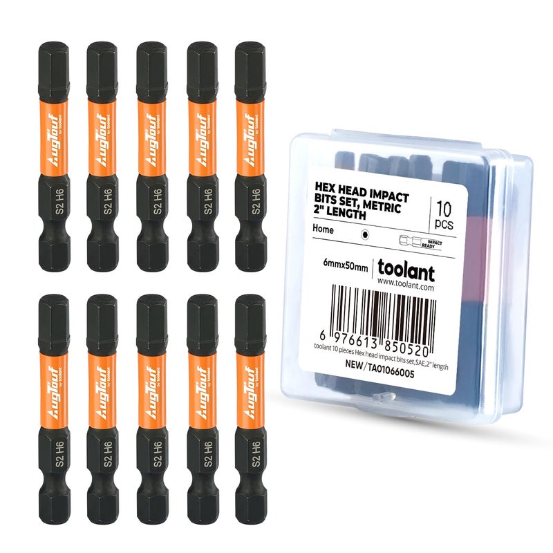 toolant 6mm Impact Hex Bits Set 10pcs 14 HexShank Allen Wrench Drill Bit SetS2 Steel CNC Machined Tips with Magnetism 2 Long with Storage Box